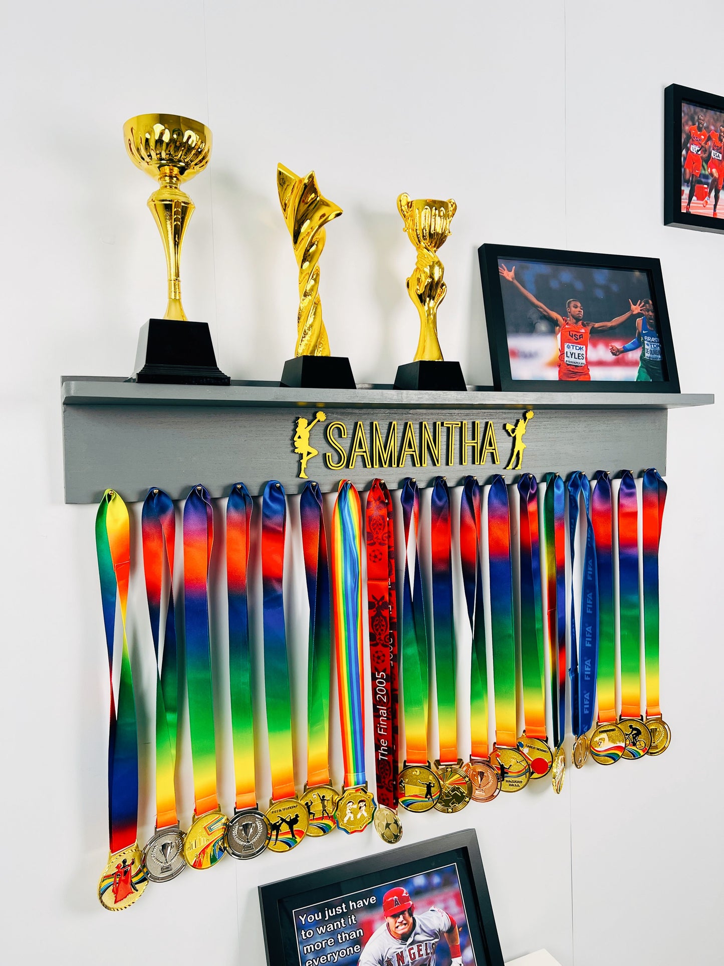 Personalized Wooden Medal Hanger Display With Trophy Shelf