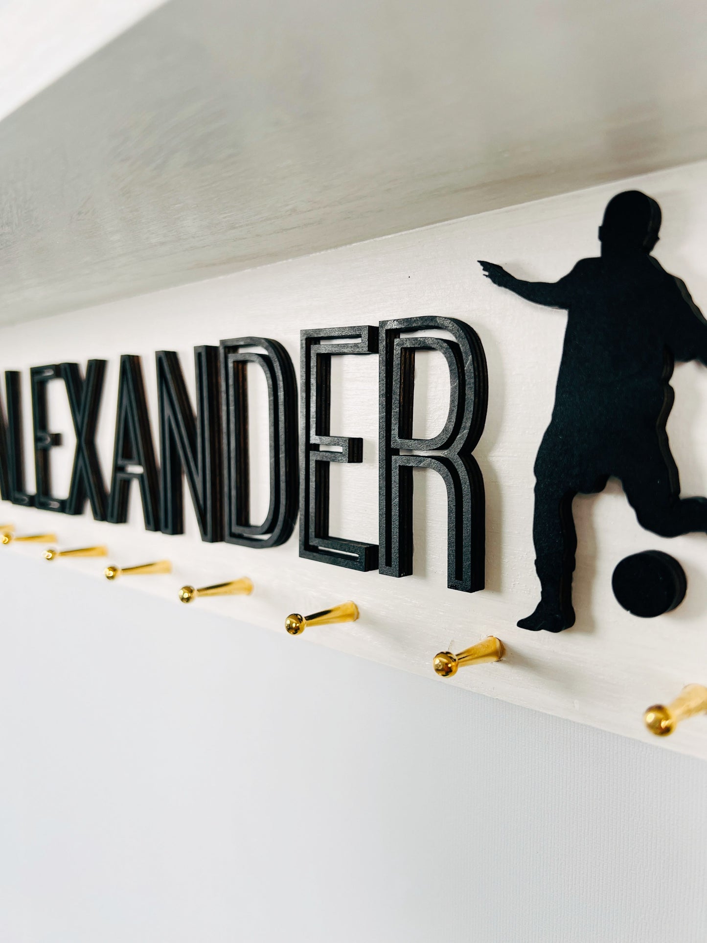 Personalized Wooden Medal Hanger Display With Trophy Shelf