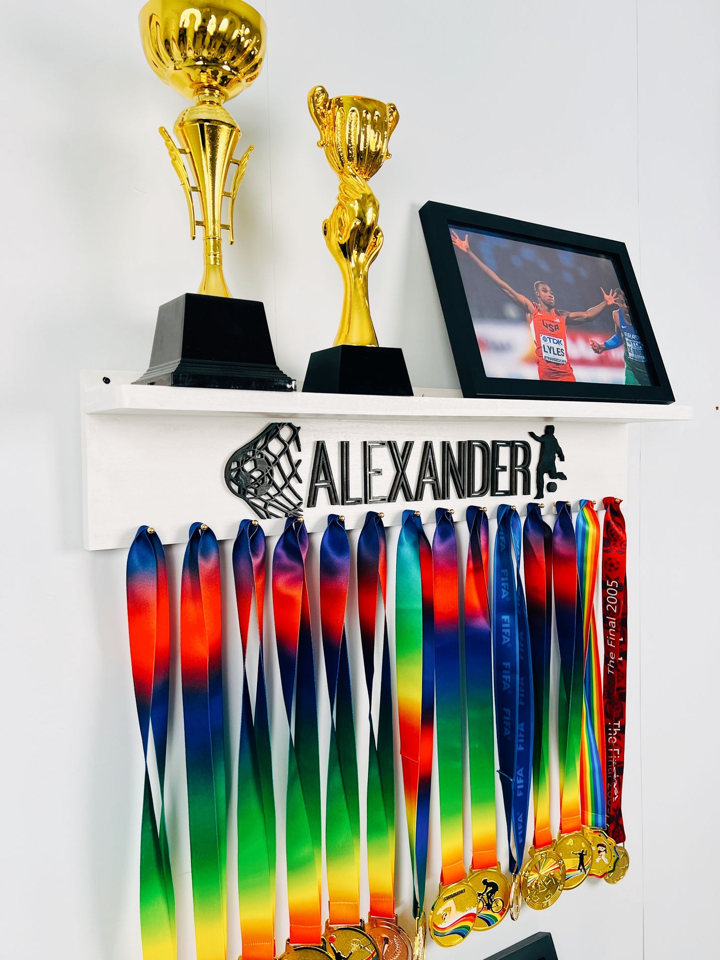 Personalized Wooden Medal Hanger Display With Trophy Shelf