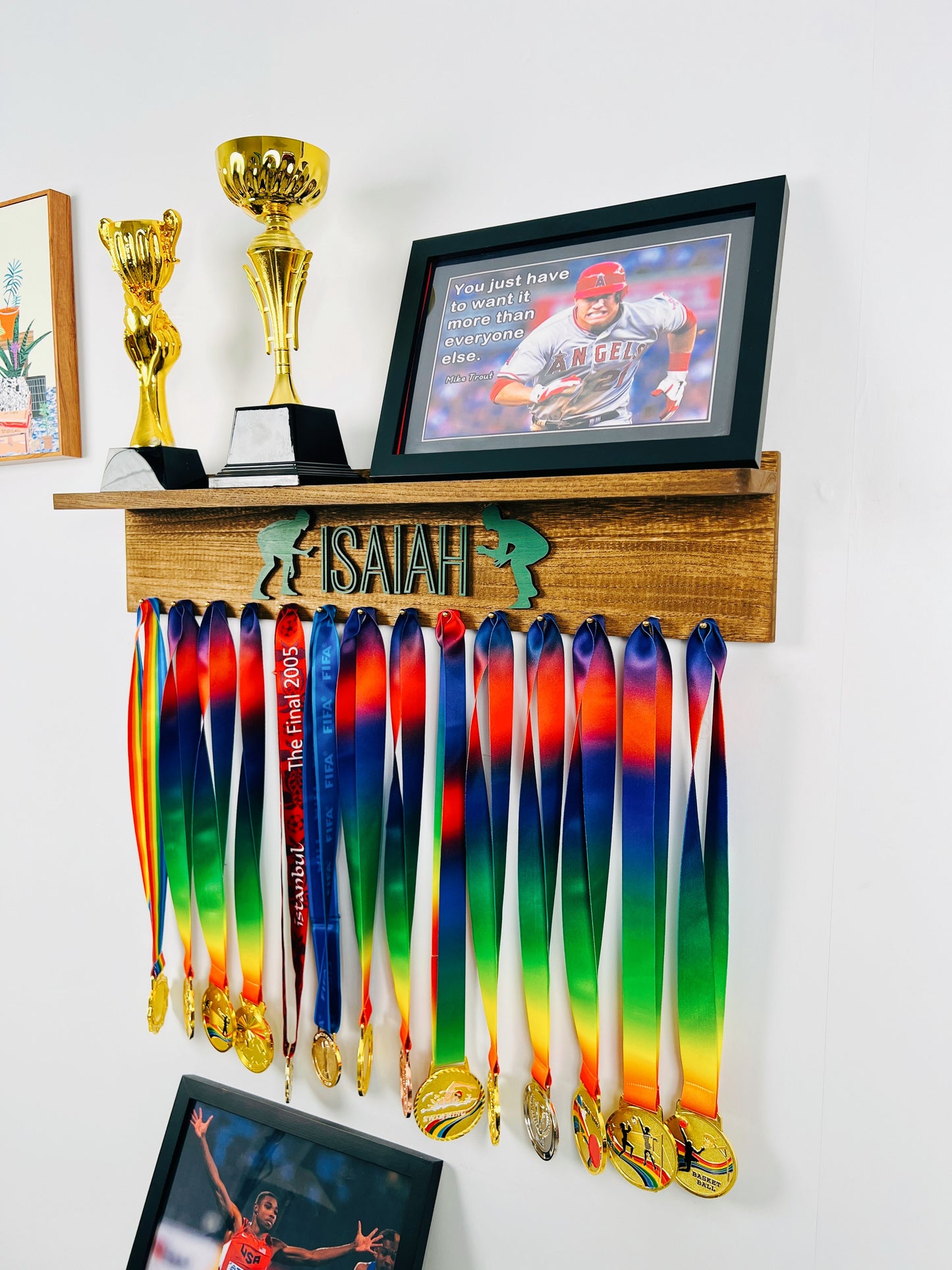 Personalized Wooden Medal Hanger Display With Trophy Shelf