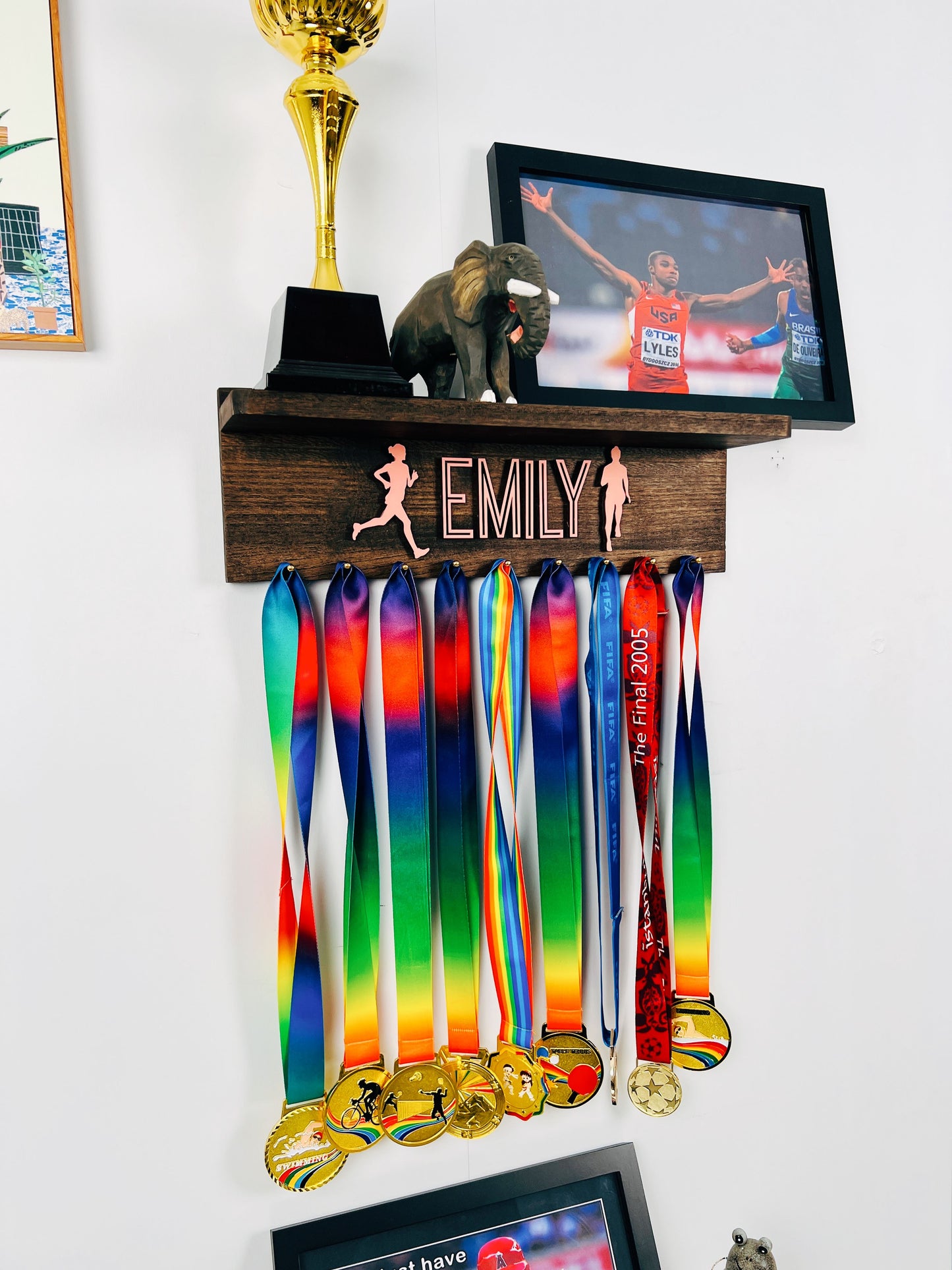 Personalized Wooden Medal Hanger Display With Trophy Shelf