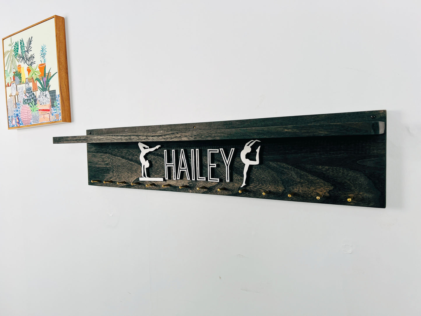 Personalized Wooden Medal Hanger Display With Trophy Shelf