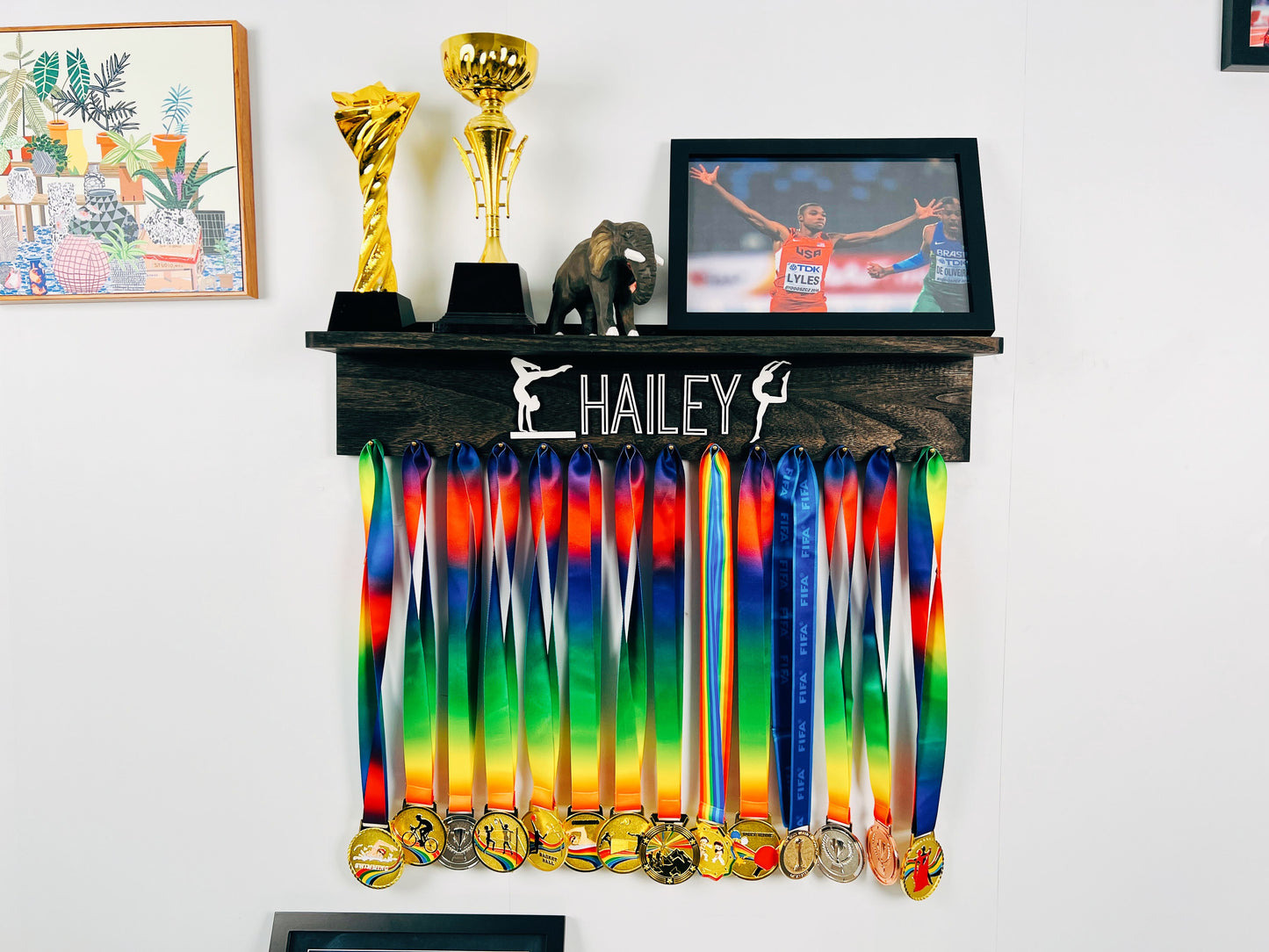 Personalized Wooden Medal Hanger Display With Trophy Shelf