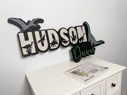 Layered 3D Dinosaur Wooden Name Sign