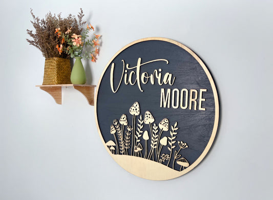 Round Mushroom 3D Wooden Name Sign
