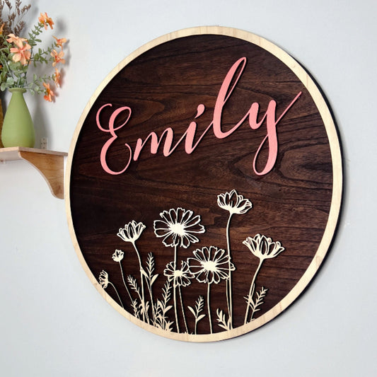 Round Wildflower 3D Wooden Name Sign